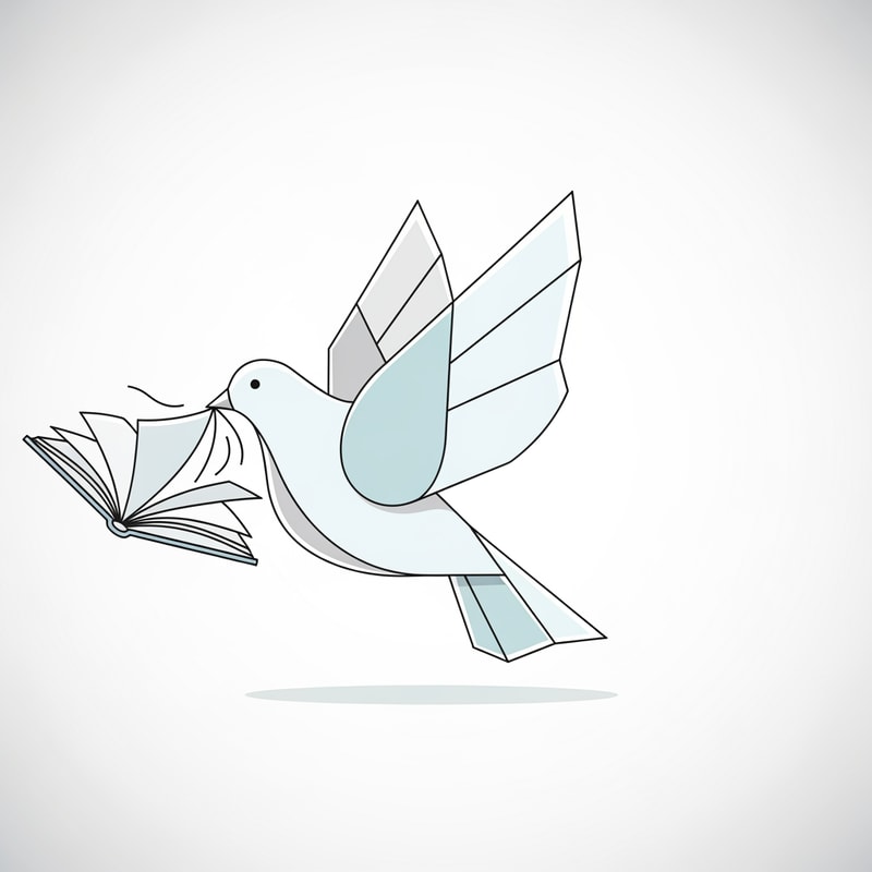A dove carrying an open book — a stylized, geometric dove in flight, with the book's pages gently unfurling, minimalist, ethereal, soft pastel blues and gentle grays, serene and hopeful, modern illustration, subtle gradients, clean lines, soft white background.