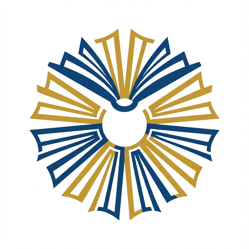 A modern law book Sun logo — simple and clean, blue and gold, professional and trustworthy, minimalist, abstract representation of a book, solid white background