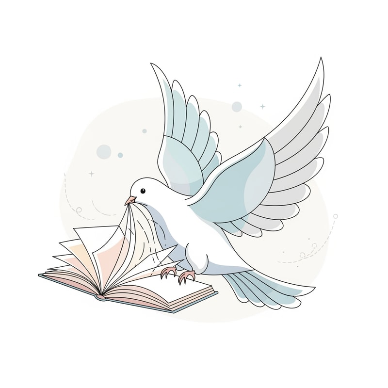 A dove carrying an open book — a stylized dove in flight, with the book's pages gently unfurling, minimalist, ethereal, soft pastel blues and gentle grays, serene and hopeful, modern illustration, subtle gradients, clean lines, soft white background.