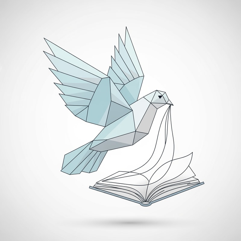 A dove carrying an open book — a stylized, geometric dove in flight, with the book's pages gently unfurling, minimalist, ethereal, soft pastel blues and gentle grays, serene and hopeful, modern illustration, subtle gradients, clean lines, soft white background.