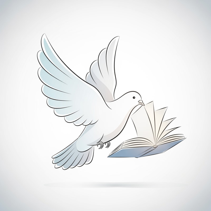 A dove carrying an open book — a stylized dove in flight, with the book's pages gently unfurling, minimalist, ethereal, soft pastel blues and gentle grays, serene and hopeful, modern illustration, subtle gradients, clean lines, soft white background.