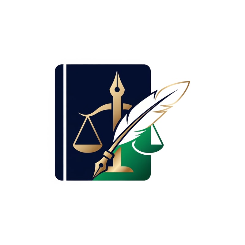 A modern law book logo — Abstract scales of justice and a quill pen merging, clean lines and geometric shapes, deep navy blue, emerald green, and metallic gold, professional and authoritative, minimalist, vector art, sharp focus, subtle gradients, white background