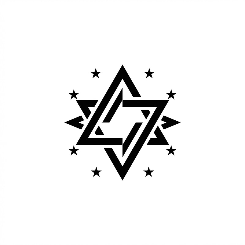 A clean, abstract graphical element (such as a stylized icon or geometric shape) accented by several small, sharp five-pointed stars — Centered, high-contrast graphic utilizing deliberate negative space for impact — Restricted two-color palette (e.g., black and white or deep blue and gold) — Flat, shadowless studio illumination emphasizing precision — Minimalist vector design suitable for a professional logo mark; graphic lines are sharp and geometrically perfect — Maintain an ultra-minimalist aesthetic; avoid all texture, gradients, 3D effects, and photorealism — Solid, uniform background color.