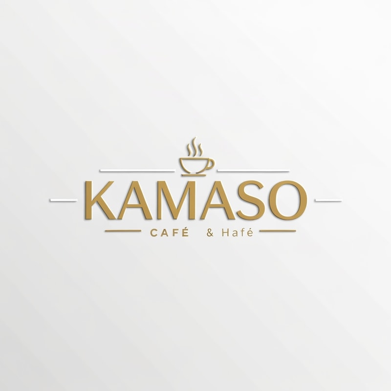 Professional logo design for a café, brand name "KAMASO", elegant and modern style, white and gold color palette, clean minimalist design, subtle coffee-related elements incorporated (like steam or cup icon), luxurious and sophisticated feel, suitable for high-end café branding, crisp vector-style lines, white background, high-resolution, 3D subtle emboss effect, cinematic lighting, premium branding look
