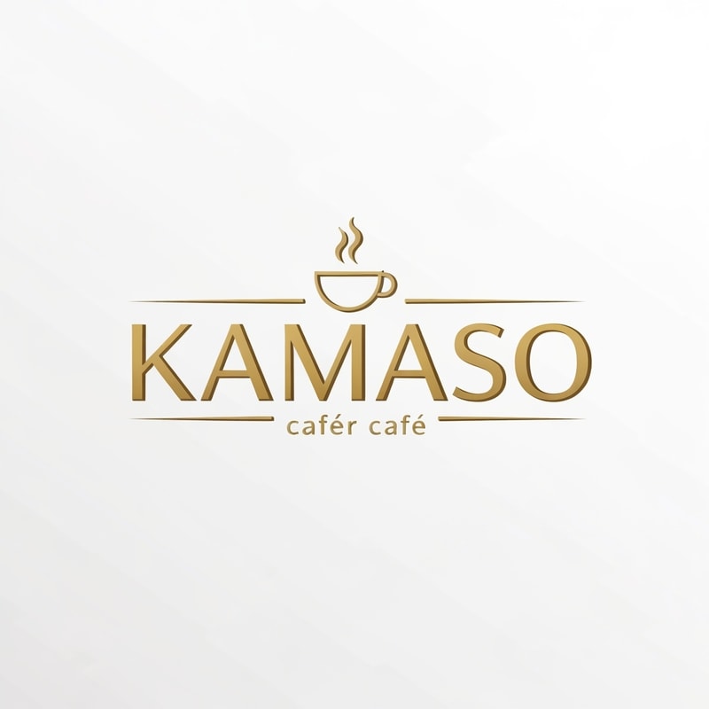 Professional logo design for a café, brand name "KAMASO", elegant and modern style, white and gold color palette, clean minimalist design, subtle coffee-related elements incorporated (like steam or cup icon), luxurious and sophisticated feel, suitable for high-end café branding, crisp vector-style lines, white background, high-resolution, 3D subtle emboss effect, cinematic lighting, premium branding look