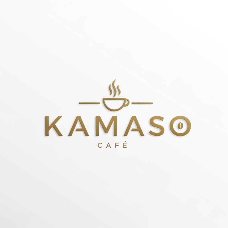 Professional logo design for a café, brand name "KAMASO", elegant and modern style, white and gold color palette, clean minimalist design, subtle coffee-related elements incorporated (like steam or cup icon), luxurious and sophisticated feel, suitable for high-end café branding, crisp vector-style lines, white background, high-resolution, 3D subtle emboss effect, cinematic lighting, premium branding look