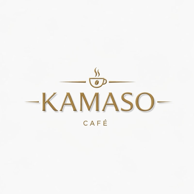 Professional logo design for a café, brand name "KAMASO", elegant and modern style, white and gold color palette, clean minimalist design, subtle coffee-related elements incorporated (like steam or cup icon), luxurious and sophisticated feel, suitable for high-end café branding, crisp vector-style lines, white background, high-resolution, 3D subtle emboss effect, cinematic lighting, premium branding look