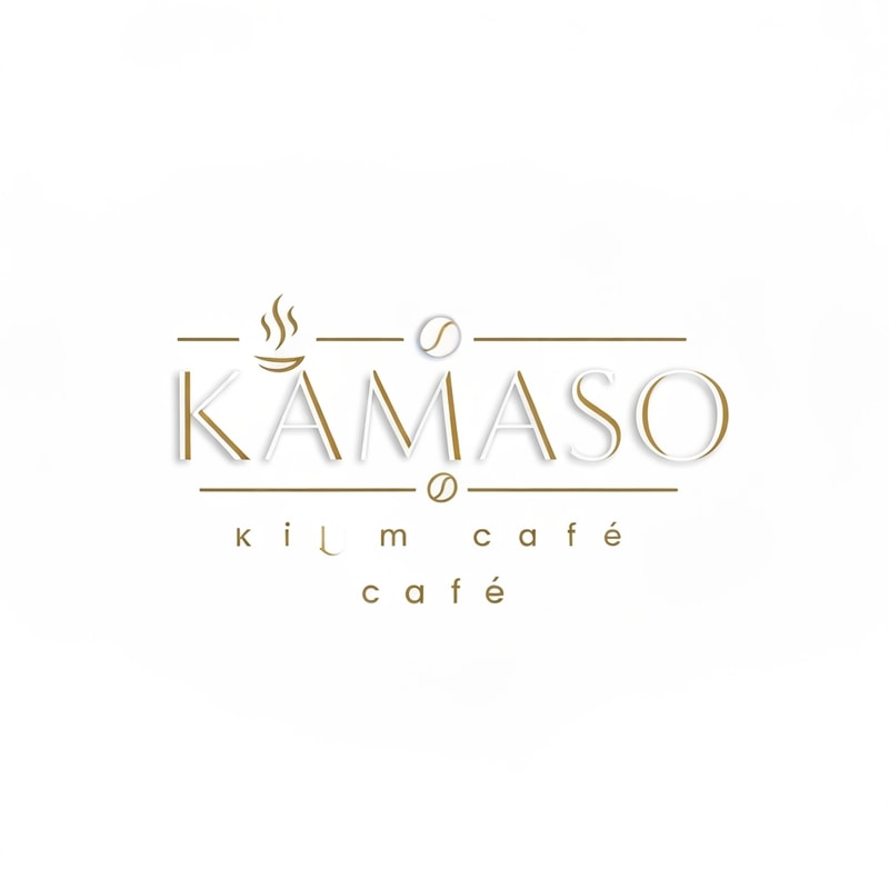 Professional logo design for a café, brand name "KAMASO", elegant and modern style, white and gold color palette, clean minimalist design, subtle coffee-related elements incorporated (like steam or cup icon), luxurious and sophisticated feel, suitable for high-end café branding, crisp vector-style lines, white background, high-resolution, 3D subtle emboss effect, cinematic lighting, premium branding look