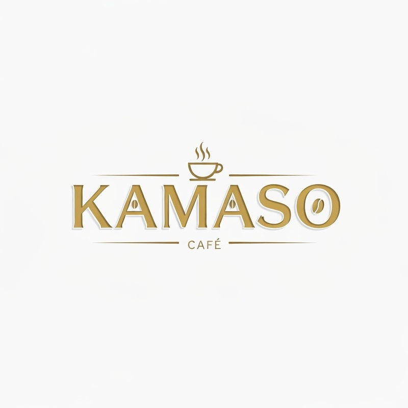 Professional logo design for a café, brand name "KAMASO", elegant and modern style, white and gold color palette, clean minimalist design, subtle coffee-related elements incorporated (like steam or cup icon), luxurious and sophisticated feel, suitable for high-end café branding, crisp vector-style lines, white background, high-resolution, 3D subtle emboss effect, cinematic lighting, premium branding look