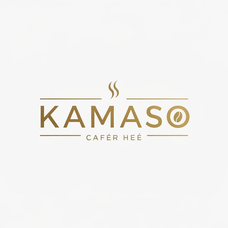 Professional logo design for a café, brand name "KAMASO", elegant and modern style, white and gold color palette, clean minimalist design, subtle coffee-related elements incorporated (like steam or cup icon), luxurious and sophisticated feel, suitable for high-end café branding, crisp vector-style lines, white background, high-resolution, 3D subtle emboss effect, cinematic lighting, premium branding look