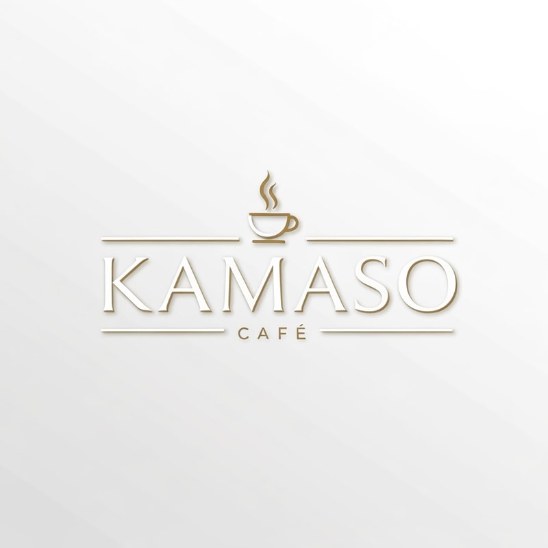 Professional logo design for a café, brand name "KAMASO", elegant and modern style, white and gold color palette, clean minimalist design, subtle coffee-related elements incorporated (like steam or cup icon), luxurious and sophisticated feel, suitable for high-end café branding, crisp vector-style lines, white background, high-resolution, 3D subtle emboss effect, cinematic lighting, premium branding look
