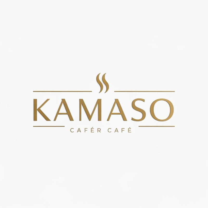 Professional logo design for a café, brand name "KAMASO", elegant and modern style, white and gold color palette, clean minimalist design, subtle coffee-related elements incorporated (like steam or cup icon), luxurious and sophisticated feel, suitable for high-end café branding, crisp vector-style lines, white background, high-resolution, 3D subtle emboss effect, cinematic lighting, premium branding look
