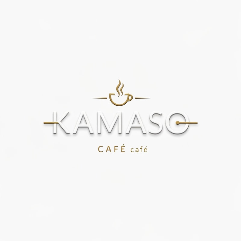 Professional logo design for a café, brand name "KAMASO", elegant and modern style, white and gold color palette, clean minimalist design, subtle coffee-related elements incorporated (like steam or cup icon), luxurious and sophisticated feel, suitable for high-end café branding, crisp vector-style lines, white background, high-resolution, 3D subtle emboss effect, cinematic lighting, premium branding look
