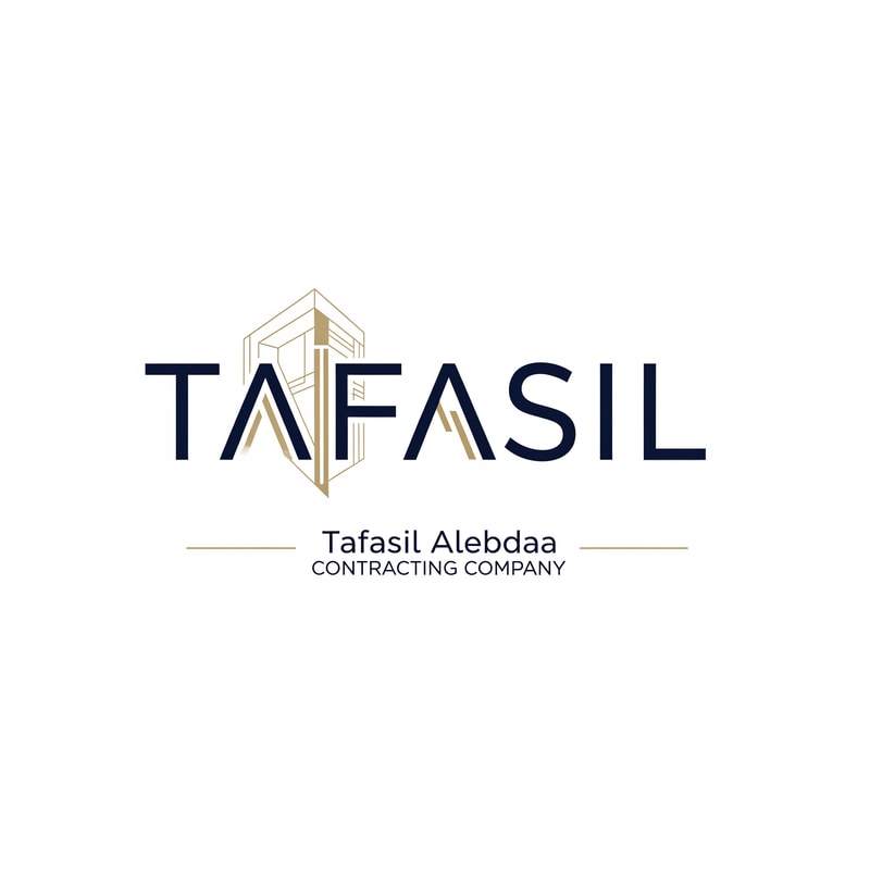 Design a premium, minimal architectural logo on a pure white background.
Place the word “TAFASIL” clearly readable at the center, slightly smaller in size, with strong balance and refined proportions.
Use a clean, modern sans-serif typeface in deep navy blue.
Integrate one subtle architectural element only (a modern building silhouette or vertical façade lines) seamlessly into the logo—preferably replacing or merging with one letter (such as the “I” or at the end of the word).
The building element must be minimal, geometric, and elegant, using muted gold accents without overpowering the text.
Below the logo, center-aligned:
Tafasil Alebdaa in clean, refined typography
CONTRACTING COMPANY in smaller uppercase letters, with thin gold horizontal lines if needed
Overall style:
minimal, corporate, architecturally intelligent, balanced, timeless
Square format, high-end branding suitable for official use, uniforms, and company profiles.