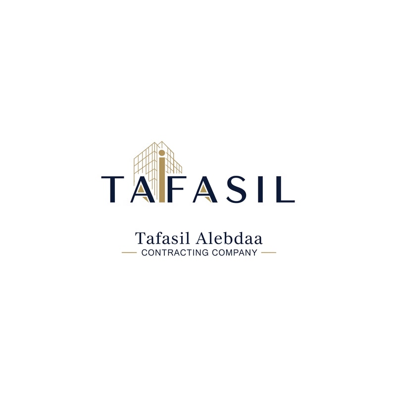 Design a premium, minimal architectural logo on a pure white background.

Place the word “TAFASIL” clearly readable at the center, slightly smaller in size, with strong balance and refined proportions.
Use a clean, modern sans-serif typeface in deep navy blue.

Integrate one subtle architectural element only (a modern building silhouette or vertical façade lines) seamlessly into the logo—preferably replacing or merging with one letter (such as the “I” or at the end of the word).
The building element must be minimal, geometric, and elegant, using muted gold accents without overpowering the text.

Below the logo, center-aligned:

Tafasil Alebdaa in clean, refined typography

CONTRACTING COMPANY in smaller uppercase letters, with thin gold horizontal lines if needed

Overall style:
minimal, corporate, architecturally intelligent, balanced, timeless
Square format, high-end branding suitable for official use, uniforms, and company profiles.