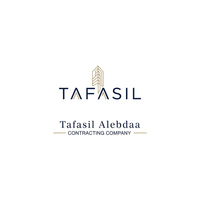 Design a premium, minimal architectural logo on a pure white background.
Place the word “TAFASIL” clearly readable at the center, slightly smaller in size, with strong balance and refined proportions.
Use a clean, modern sans-serif typeface in deep navy blue.
Integrate one subtle architectural element only (a modern building silhouette or vertical façade lines) seamlessly into the logo—preferably replacing or merging with one letter (such as the “I” or at the end of the word).
The building element must be minimal, geometric, and elegant, using muted gold accents without overpowering the text.
Below the logo, center-aligned:
Tafasil Alebdaa in clean, refined typography
CONTRACTING COMPANY in smaller uppercase letters, with thin gold horizontal lines if needed
Overall style:
minimal, corporate, architecturally intelligent, balanced, timeless
Square format, high-end branding suitable for official use, uniforms, and company profiles.