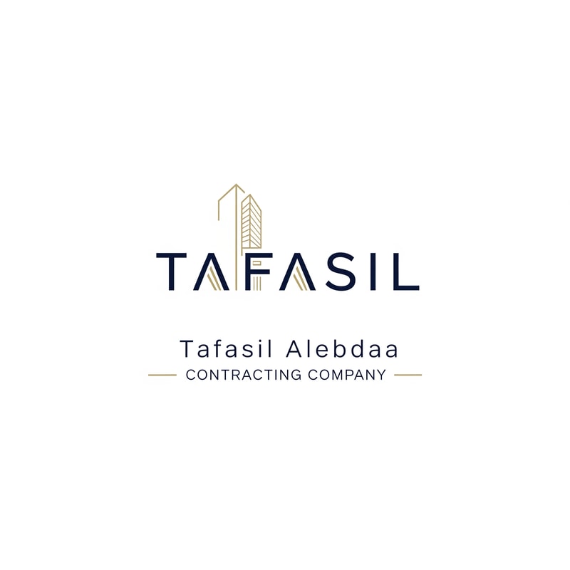 Design a premium, minimal architectural logo on a pure white background.

Place the word “TAFASIL” clearly readable at the center, slightly smaller in size, with strong balance and refined proportions.
Use a clean, modern sans-serif typeface in deep navy blue.

Integrate one subtle architectural element only (a modern building silhouette or vertical façade lines) seamlessly into the logo—preferably replacing or merging with one letter (such as the “I” or at the end of the word).
The building element must be minimal, geometric, and elegant, using muted gold accents without overpowering the text.

Below the logo, center-aligned:

Tafasil Alebdaa in clean, refined typography

CONTRACTING COMPANY in smaller uppercase letters, with thin gold horizontal lines if needed

Overall style:
minimal, corporate, architecturally intelligent, balanced, timeless
Square format, high-end branding suitable for official use, uniforms, and company profiles.