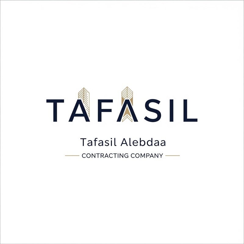 Design a premium, minimal architectural logo on a pure white background.

Place the word “TAFASIL” clearly readable at the center (bold), slightly smaller in size, with strong balance and refined proportions.
Use a clean, modern sans-serif typeface in deep navy blue.

Integrate one subtle architectural element only (a modern building silhouette or vertical façade lines) seamlessly into the logo—preferably replacing or merging with one letter (such as the “I” or at the end of the word).
The building element must be minimal, geometric, and elegant, using muted gold accents without overpowering the text.

Below the logo, center-aligned:

Tafasil Alebdaa in clean, refined typography

CONTRACTING COMPANY in smaller uppercase letters, with thin gold horizontal lines if needed

Overall style:
minimal, corporate, architecturally intelligent, balanced, timeless
Square format, high-end branding suitable for official use, uniforms, and company profiles.