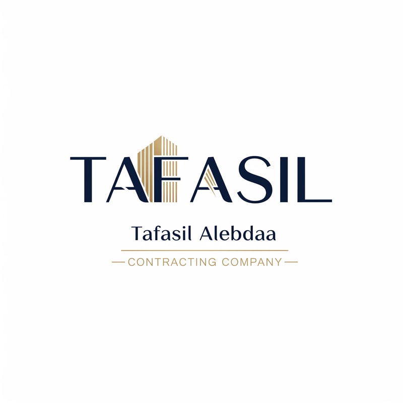 Design a premium, minimalist corporate logo on a pure white background.

Center the word “TAFASIL” prominently and clearly, using a bold, modern sans-serif typeface in deep navy blue.
The lettering should be clean, confident, and highly readable, with generous spacing and refined proportions.

Incorporate one minimal architectural detail only as a supporting element—not dominant.
Use subtle vertical façade lines or a slim abstract building form integrated into a single letter (preferably the “I”) or placed discreetly at the end of the word.
The architectural element must feel understated, geometric, and elegant, highlighted with soft muted gold accents.

Below the main logo, center-aligned:

Tafasil Alebdaa in refined, lightweight typography

CONTRACTING COMPANY in smaller uppercase text, optionally framed with thin gold lines

Overall feel:
luxury corporate identity, calm, confident, architecturally inspired without being illustrative
balanced, timeless, high-end
square composition suitable for branding, uniforms, signage, and official documents