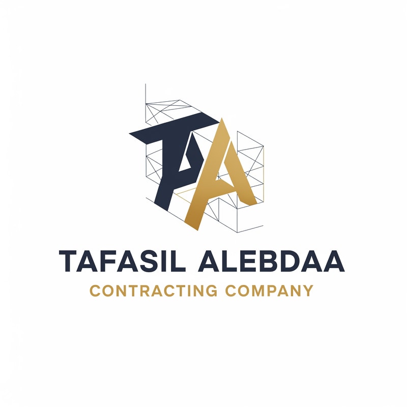 Design a modern, professional, and innovative corporate logo for a general contracting company named “Tafasil Alebdaa Contracting Company”.

The design should reflect precision, creativity, reliability, and engineering excellence.

Use a clean white background with a minimal yet premium aesthetic.

Choose a sophisticated color palette that conveys trust and professionalism, such as deep navy blue, charcoal gray, elegant gold accents, or muted industrial tones, while keeping the design balanced and timeless.

The logo style should be modern, geometric, and well-structured, inspired by construction, architecture, and technical detail — subtle references to building lines, grids, or structural elements are welcome, without being literal or crowded.

Typography should be bold, clear, and corporate, with excellent readability and a strong brand presence.

The overall result must feel high-end, confident, and suitable for a leading contracting company, usable across company profiles, uniforms, signage, official documents, and digital platforms.