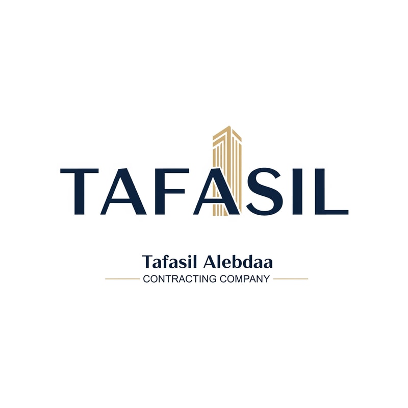Design a premium, minimalist corporate logo on a pure white background.

Center the word “TAFASIL” prominently and clearly, using a bold, modern sans-serif typeface in deep navy blue.
The lettering should be clean, confident, and highly readable, with generous spacing and refined proportions.

Incorporate one minimal architectural detail only as a supporting element—not dominant.
Use subtle vertical façade lines or a slim abstract building form integrated into a single letter (preferably the “I”) or placed discreetly at the end of the word.
The architectural element must feel understated, geometric, and elegant, highlighted with soft muted gold accents.

Below the main logo, center-aligned:

Tafasil Alebdaa in refined, lightweight typography

CONTRACTING COMPANY in smaller uppercase text, optionally framed with thin gold lines

Overall feel:
luxury corporate identity, calm, confident, architecturally inspired without being illustrative
balanced, timeless, high-end
square composition suitable for branding, uniforms, signage, and official documents