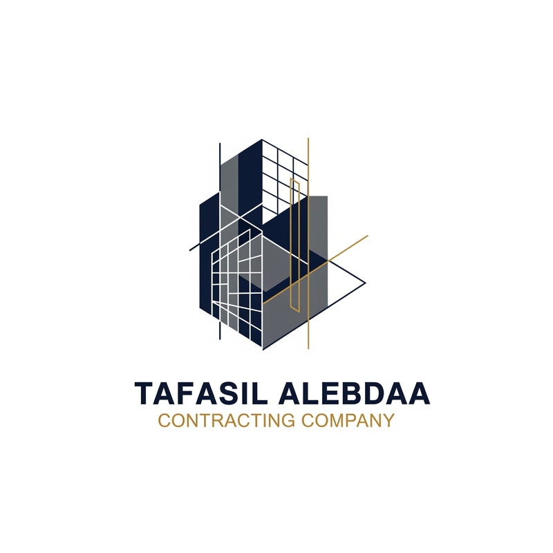 A modern, geometric corporate logo for "Tafasil Alebdaa Contracting Company" — a clean, minimalist design with subtle architectural elements integrated into a strong, memorable mark, representing precision and innovation. The mark could subtly incorporate abstract building lines, a grid pattern, or structural linework that conveys engineering excellence. The typography should be bold, clear, and corporate, complementing the geometric mark. The chosen color palette will be a sophisticated blend of deep navy blue and charcoal gray with elegant gold accents to convey trust, reliability, and premium quality. The lighting will be even and professional, creating a clean and confident mood. The style will be modern geometric, inspired by architectural blueprints and technical drawings, but abstracted for a timeless and sophisticated appeal. The design will be well-structured and balanced, ensuring high-end appeal and excellent readability across all applications. Clean white background.