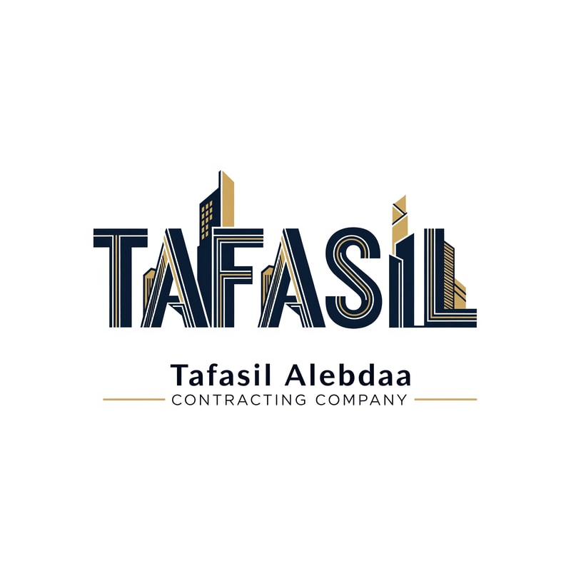 Premium architectural logo design where the word "TAFASIL" itself forms the main logo, with each letter stylized as abstract, modern architectural structures and structural elements, maintaining readability and presented as a unified, closely integrated skyline with precise geometric lines, vertical emphasis, clean cuts, and subtle façade details. — Deep navy blue and muted gold color palette, balanced for trust, strength, and sophistication. — Elegant, modern, and professional lighting, conveying sophistication. — Architectural intelligence and corporate timelessness. — Below the wordmark: "Tafasil Alebdaa" in clean typography, followed by "CONTRACTING COMPANY" in smaller uppercase, optionally separated by thin horizontal gold lines. — Pure white background.