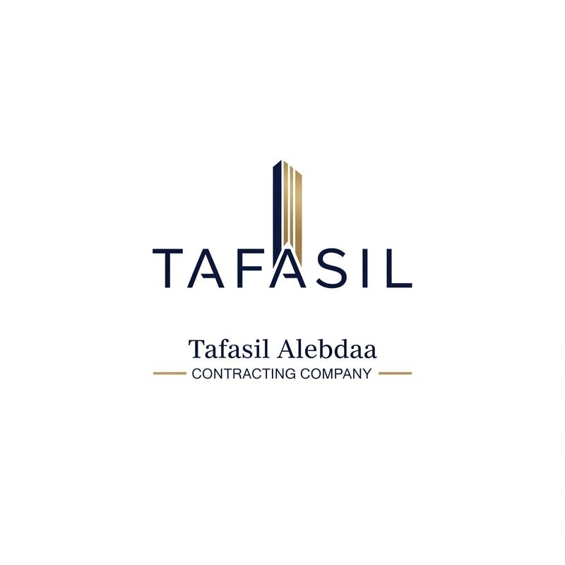Design a premium, minimal architectural logo on a pure white background.
Place the word “TAFASIL” clearly readable at the center, slightly smaller in size, with strong balance and refined proportions.
Use a clean, modern sans-serif typeface in deep navy blue.
Integrate one subtle architectural element only (a modern building silhouette or vertical façade lines) seamlessly into the logo—preferably replacing or merging with one letter (such as the “I” or at the end of the word).
The building element must be minimal, geometric, and elegant, using muted gold accents without overpowering the text.
Below the logo, center-aligned:
Tafasil Alebdaa in clean, refined typography
CONTRACTING COMPANY in smaller uppercase letters, with thin gold horizontal lines if needed
Overall style:
minimal, corporate, architecturally intelligent, balanced, timeless
Square format, high-end branding suitable for official use, uniforms, and company profiles.