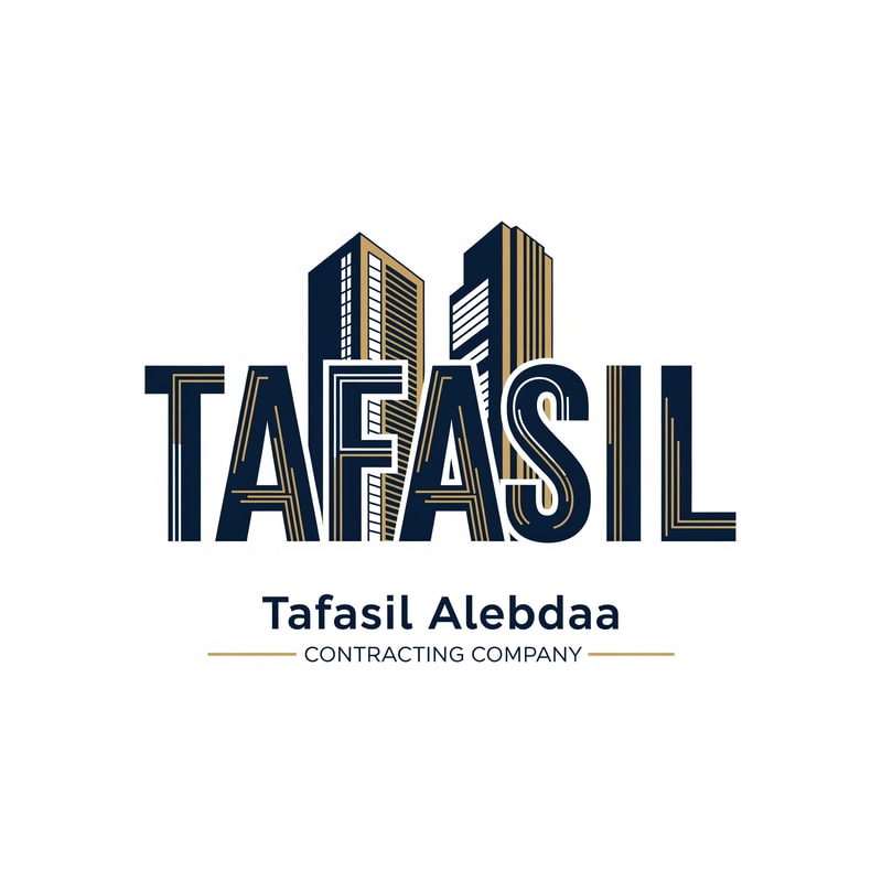 Design a premium architectural logo where the main logo itself is the word “TAFASIL”.

The word TAFASIL must be the primary symbol, not an icon beside it. Each letter should be designed as an abstract architectural form, clearly readable as letters while simultaneously resembling modern buildings and structural elements.

The letters should be aligned, parallel, and closely integrated, sharing consistent proportions and edges, as if they belong to one architectural skyline.

Use precise geometric lines, vertical emphasis, clean cuts, and subtle façade details (windows, structural grooves, architectural lines) without over-detailing.

The visual style must be elegant, modern, and professional, suitable for a high-end contracting company.

Color palette: deep navy blue and muted gold, balanced carefully to convey trust, strength, and sophistication.

Background must be pure white.

Below the “TAFASIL” logo, place the company name in clean typography:
“Tafasil Alebdaa”
and beneath it, in smaller uppercase text:
“CONTRACTING COMPANY”, optionally separated with thin horizontal gold lines.

The final result should feel architecturally intelligent, visually balanced, corporate, and timeless, suitable for branding, signage, company profiles, uniforms, and official documents.