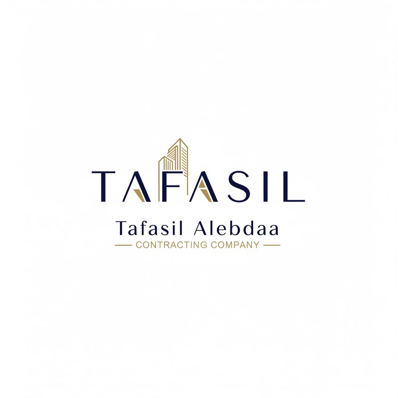 Design a premium, minimal architectural logo on a pure white background.

Place the word “TAFASIL” clearly readable at the center, slightly smaller in size, with strong balance and refined proportions.
Use a clean, modern sans-serif typeface in deep navy blue.

Integrate one subtle architectural element only (a modern building silhouette or vertical façade lines) seamlessly into the logo—preferably replacing or merging with one letter (such as the “I” or at the end of the word).
The building element must be minimal, geometric, and elegant, using muted gold accents without overpowering the text.

Below the logo, center-aligned:

Tafasil Alebdaa in clean, refined typography

CONTRACTING COMPANY in smaller uppercase letters, with thin gold horizontal lines if needed

Overall style:
minimal, corporate, architecturally intelligent, balanced, timeless
Square format, high-end branding suitable for official use, uniforms, and company profiles.