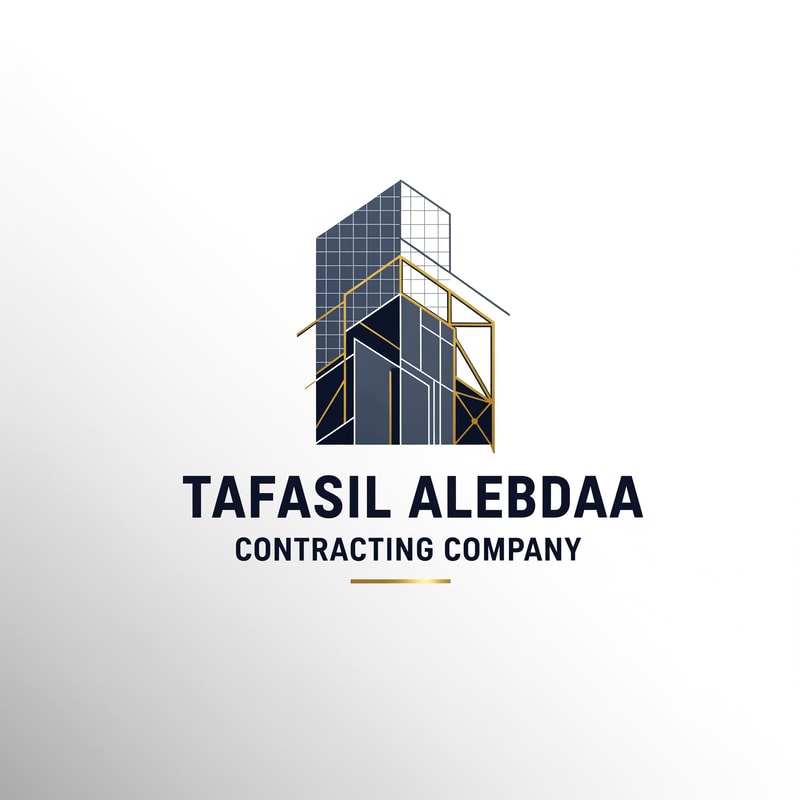 A modern, geometric corporate logo for "Tafasil Alebdaa Contracting Company" — a clean, minimalist design with subtle architectural elements integrated into a strong, memorable mark, representing precision and innovation. The mark could subtly incorporate abstract building logo, lines, a grid pattern, or structural linework that conveys Building Bengineering excellence. The typography should be bold, clear, and corporate, complementing the geometric mark. The chosen color palette will be a sophisticated blend of deep navy blue and charcoal gray with elegant gold accents to convey trust, reliability, and premium quality. The lighting will be even and professional, creating a clean and confident mood. The style will be modern geometric, inspired by architectural blueprints and technical drawings, but abstracted for a timeless and sophisticated appeal. The design will be well-structured and balanced, ensuring high-end appeal and excellent readability across all applications. Clean white background.
