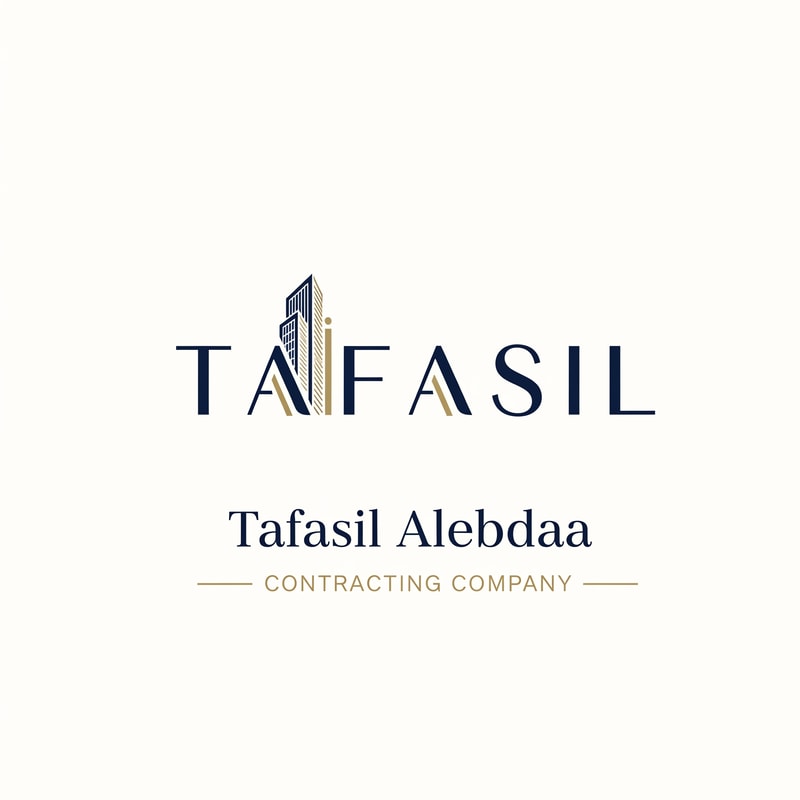 Design a premium, minimal architectural logo on a pure white background.
Place the word “TAFASIL” clearly readable at the center, slightly smaller in size, with strong balance and refined proportions.
Use a clean, modern sans-serif typeface in deep navy blue.
Integrate one subtle architectural element only (a modern building silhouette or vertical façade lines) seamlessly into the logo—preferably replacing or merging with one letter (such as the “I” or at the end of the word).
The building element must be minimal, geometric, and elegant, using muted gold accents without overpowering the text.
Below the logo, center-aligned:
Tafasil Alebdaa in clean, refined typography
CONTRACTING COMPANY in smaller uppercase letters, with thin gold horizontal lines if needed
Overall style:
minimal, corporate, architecturally intelligent, balanced, timeless
Square format, high-end branding suitable for official use, uniforms, and company profiles.
