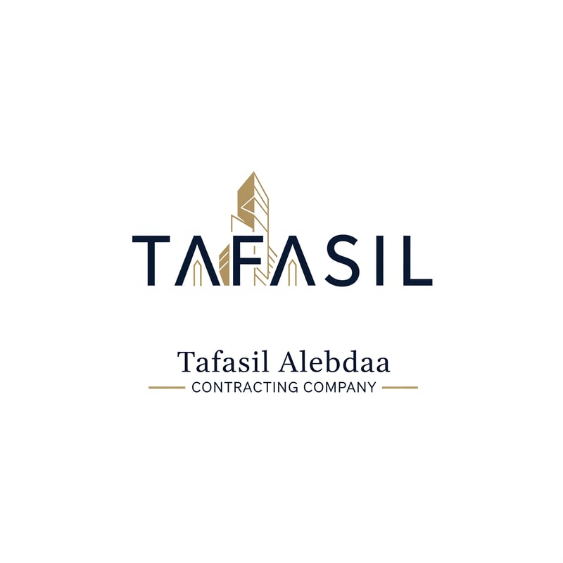 Design a premium, minimal architectural logo on a pure white background.

Place the word “TAFASIL” clearly readable at the center (bold), slightly smaller in size, with strong balance and refined proportions.
Use a clean, modern sans-serif typeface in deep navy blue.

Integrate one subtle architectural element only (a modern building silhouette or vertical façade lines) seamlessly into the logo—preferably replacing or merging with one letter (such as the “I” or at the end of the word).
The building element must be minimal, geometric, and elegant, using muted gold accents without overpowering the text.

Below the logo, center-aligned:

Tafasil Alebdaa in clean, refined typography

CONTRACTING COMPANY in smaller uppercase letters, with thin gold horizontal lines if needed

Overall style:
minimal, corporate, architecturally intelligent, balanced, timeless
Square format, high-end branding suitable for official use, uniforms, and company profiles.