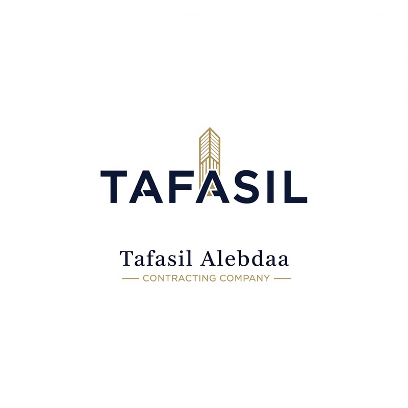 Design a premium, minimal architectural logo on a pure white background.

Place the word “TAFASIL” clearly readable at the center (bold), slightly smaller in size, with strong balance and refined proportions.
Use a clean, modern sans-serif typeface in deep navy blue.

Integrate one subtle architectural element only (a modern building silhouette or vertical façade lines) seamlessly into the logo—preferably replacing or merging with one letter (such as the “I” or at the end of the word).
The building element must be minimal, geometric, and elegant, using muted gold accents without overpowering the text.

Below the logo, center-aligned:

Tafasil Alebdaa in clean, refined typography

CONTRACTING COMPANY in smaller uppercase letters, with thin gold horizontal lines if needed

Overall style:
minimal, corporate, architecturally intelligent, balanced, timeless
Square format, high-end branding suitable for official use, uniforms, and company profiles.