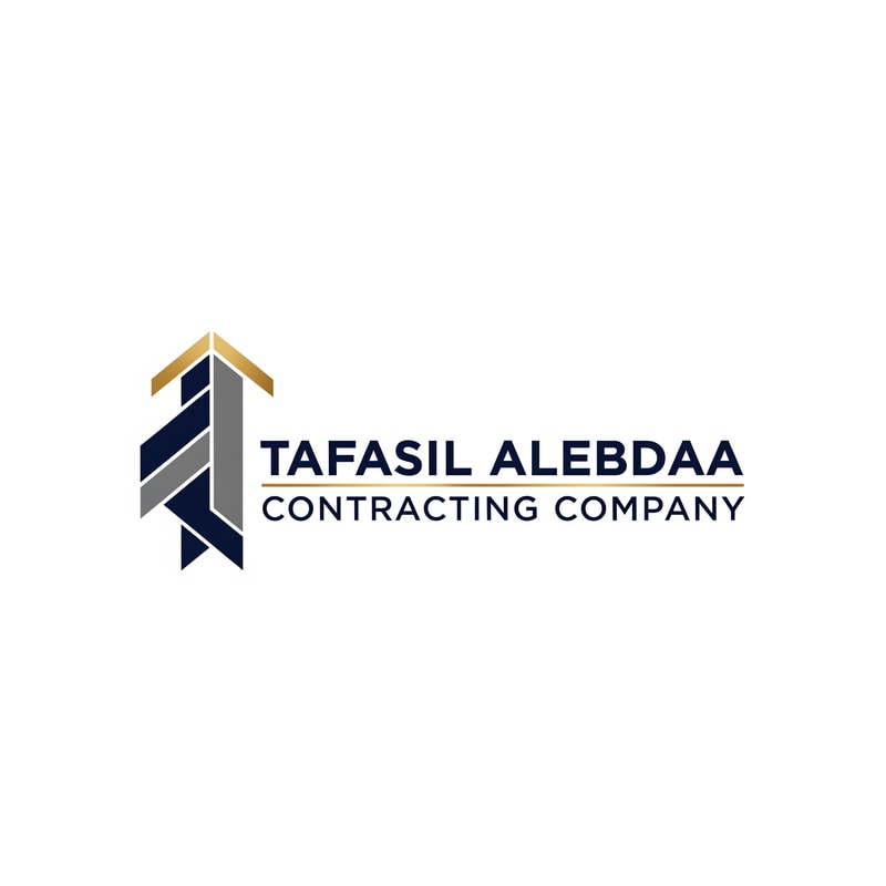 Design a modern, professional, and innovative corporate logo for a general contracting company named “Tafasil Alebdaa Contracting Company”.

The design should reflect precision, creativity, reliability, and engineering excellence.

Use a clean white background with a minimal yet premium aesthetic.

Choose a sophisticated color palette that conveys trust and professionalism, such as deep navy blue, charcoal gray, elegant gold accents, or muted industrial tones, while keeping the design balanced and timeless.

The logo style should be modern, geometric, and well-structured, inspired by construction, architecture, and technical detail — subtle references to building lines, grids, or structural elements are welcome, without being literal or crowded.

Typography should be bold, clear, and corporate, with excellent readability and a strong brand presence.

The overall result must feel high-end, confident, and suitable for a leading contracting company, usable across company profiles, uniforms, signage, official documents, and digital platforms.