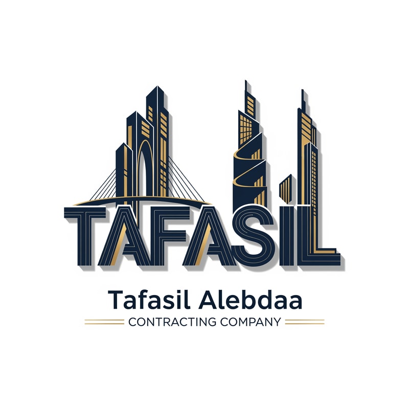 Premium architectural logo design where the word "TAFASIL" itself forms the main logo, with each letter stylized as abstract, modern architectural structures and structural elements, maintaining readability and presented as a unified, closely integrated skyline with precise geometric lines, vertical emphasis, clean cuts, and subtle façade details. — Deep navy blue and muted gold color palette, balanced for trust, strength, and sophistication. — Elegant, modern, and professional lighting, conveying sophistication. — Architectural intelligence and corporate timelessness. — Below the wordmark: "Tafasil Alebdaa" in clean typography, followed by "CONTRACTING COMPANY" in smaller uppercase, optionally separated by thin horizontal gold lines. — Pure white background.