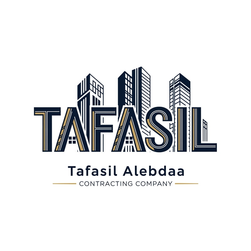 Design a premium architectural logo where the main logo itself is the word “TAFASIL”.

The word TAFASIL must be the primary symbol, not an icon beside it. Each letter should be designed as an abstract architectural form, clearly readable as letters while simultaneously resembling modern buildings and structural elements.

The letters should be aligned, parallel, and closely integrated, sharing consistent proportions and edges, as if they belong to one architectural skyline.

Use precise geometric lines, vertical emphasis, clean cuts, and subtle façade details (windows, structural grooves, architectural lines) without over-detailing.

The visual style must be elegant, modern, and professional, suitable for a high-end contracting company.

Color palette: deep navy blue and muted gold, balanced carefully to convey trust, strength, and sophistication.

Background must be pure white.

Below the “TAFASIL” logo, place the company name in clean typography:
“Tafasil Alebdaa”
and beneath it, in smaller uppercase text:
“CONTRACTING COMPANY”, optionally separated with thin horizontal gold lines.

The final result should feel architecturally intelligent, visually balanced, corporate, and timeless, suitable for branding, signage, company profiles, uniforms, and official documents.