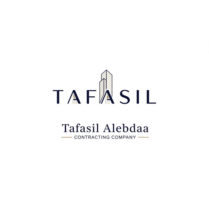 Design a premium, minimal architectural logo on a pure white background.

Place the word “TAFASIL” clearly readable at the center, slightly smaller in size, with strong balance and refined proportions.
Use a clean, modern sans-serif typeface in deep navy blue.

Integrate one subtle architectural element only (a modern building silhouette or vertical façade lines) seamlessly into the logo—preferably replacing or merging with one letter (such as the “I” or at the end of the word).
The building element must be minimal, geometric, and elegant, using muted gold accents without overpowering the text.

Below the logo, center-aligned:

Tafasil Alebdaa in clean, refined typography

CONTRACTING COMPANY in smaller uppercase letters, with thin gold horizontal lines if needed

Overall style:
minimal, corporate, architecturally intelligent, balanced, timeless
Square format, high-end branding suitable for official use, uniforms, and company profiles.