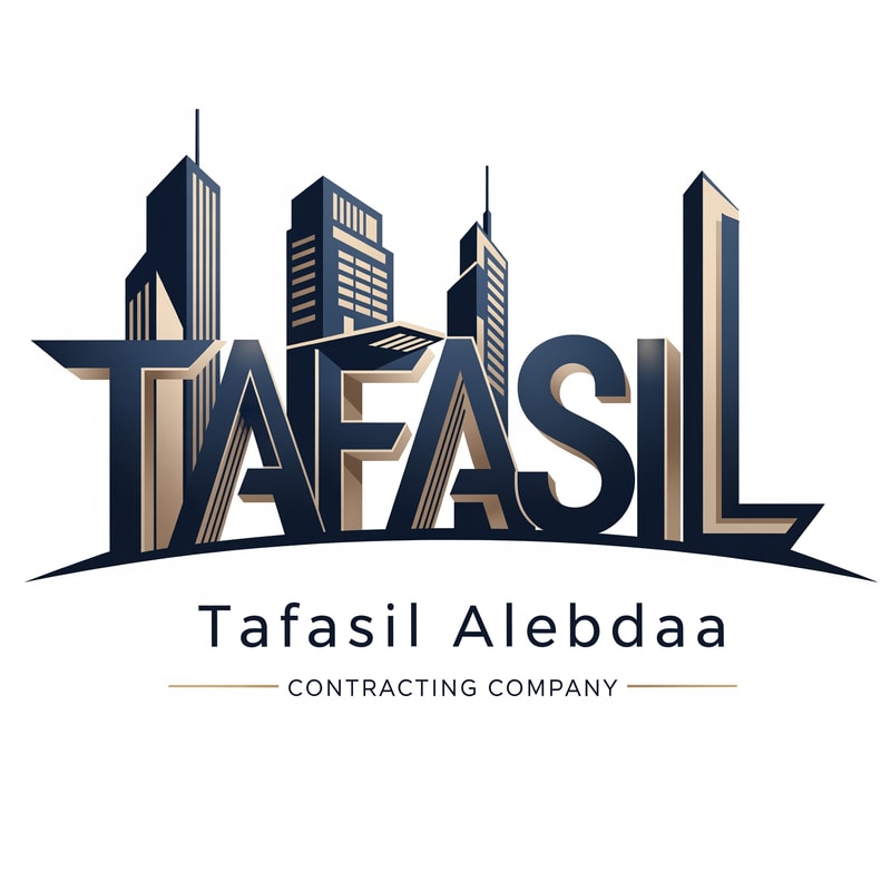 Premium architectural logo design where the word "TAFASIL" itself forms the main logo, with each letter stylized as abstract, modern architectural structures and structural elements, maintaining readability and presented as a unified, closely integrated skyline with precise geometric lines, vertical emphasis, clean cuts, and subtle façade details. — Deep navy blue and muted gold color palette, balanced for trust, strength, and sophistication. — Elegant, modern, and professional lighting, conveying sophistication. — Architectural intelligence and corporate timelessness. — Below the wordmark: "Tafasil Alebdaa" in clean typography, followed by "CONTRACTING COMPANY" in smaller uppercase, optionally separated by thin horizontal gold lines. — Pure white background.