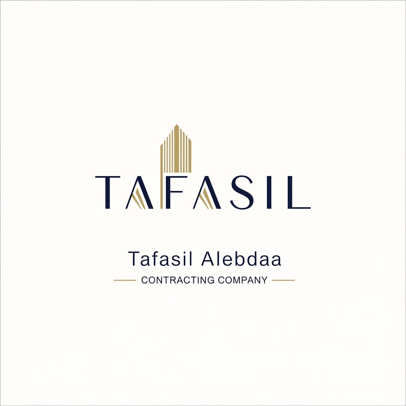 Design a premium, minimal architectural logo on a pure white background.

Place the word “TAFASIL” clearly readable at the center, slightly smaller in size, with strong balance and refined proportions.
Use a clean, modern sans-serif typeface in deep navy blue.

Integrate one subtle architectural element only (a modern building silhouette or vertical façade lines) seamlessly into the logo—preferably replacing or merging with one letter (such as the “I” or at the end of the word).
The building element must be minimal, geometric, and elegant, using muted gold accents without overpowering the text.

Below the logo, center-aligned:

Tafasil Alebdaa in clean, refined typography

CONTRACTING COMPANY in smaller uppercase letters, with thin gold horizontal lines if needed

Overall style:
minimal, corporate, architecturally intelligent, balanced, timeless
Square format, high-end branding suitable for official use, uniforms, and company profiles.