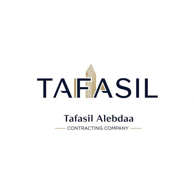 Design a premium, minimal architectural logo on a pure white background.

Place the word “TAFASIL” clearly readable at the center (bold), slightly smaller in size, with strong balance and refined proportions.
Use a clean, modern sans-serif typeface in deep navy blue.

Integrate one subtle architectural element only (a modern building silhouette or vertical façade lines) seamlessly into the logo—preferably replacing or merging with one letter (such as the “I” or at the end of the word).
The building element must be minimal, geometric, and elegant, using muted gold accents without overpowering the text.

Below the logo, center-aligned:

Tafasil Alebdaa in clean, refined typography

CONTRACTING COMPANY in smaller uppercase letters, with thin gold horizontal lines if needed

Overall style:
minimal, corporate, architecturally intelligent, balanced, timeless
Square format, high-end branding suitable for official use, uniforms, and company profiles.