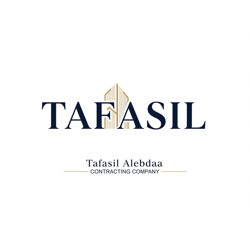 Design a premium, minimalist corporate logo on a pure white background.

Center the word “TAFASIL” prominently and clearly, using a bold, modern sans-serif typeface in deep navy blue.
The lettering should be clean, confident, and highly readable, with generous spacing and refined proportions.

Incorporate one minimal architectural detail only as a supporting element—not dominant.
Use subtle vertical façade lines or a slim abstract building form integrated into a single letter (preferably the “I”) or placed discreetly at the end of the word.
The architectural element must feel understated, geometric, and elegant, highlighted with soft muted gold accents.

Below the main logo, center-aligned:

Tafasil Alebdaa in refined, lightweight typography

CONTRACTING COMPANY in smaller uppercase text, optionally framed with thin gold lines

Overall feel:
luxury corporate identity, calm, confident, architecturally inspired without being illustrative
balanced, timeless, high-end
square composition suitable for branding, uniforms, signage, and official documents