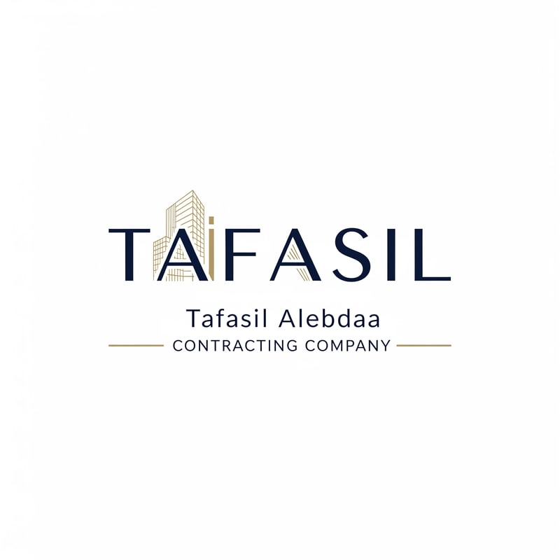 Design a premium, minimal architectural logo on a pure white background.

Place the word “TAFASIL” clearly readable at the center, slightly smaller in size, with strong balance and refined proportions.
Use a clean, modern sans-serif typeface in deep navy blue.

Integrate one subtle architectural element only (a modern building silhouette or vertical façade lines) seamlessly into the logo—preferably replacing or merging with one letter (such as the “I” or at the end of the word).
The building element must be minimal, geometric, and elegant, using muted gold accents without overpowering the text.

Below the logo, center-aligned:

Tafasil Alebdaa in clean, refined typography

CONTRACTING COMPANY in smaller uppercase letters, with thin gold horizontal lines if needed

Overall style:
minimal, corporate, architecturally intelligent, balanced, timeless
Square format, high-end branding suitable for official use, uniforms, and company profiles.