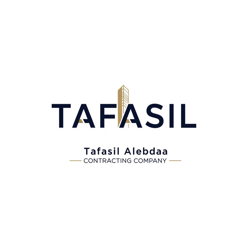 Design a premium, minimal architectural logo on a pure white background.

Place the word “TAFASIL” clearly readable at the center (bold), slightly smaller in size, with strong balance and refined proportions.
Use a clean, modern sans-serif typeface in deep navy blue.

Integrate one subtle architectural element only (a modern building silhouette or vertical façade lines) seamlessly into the logo—preferably replacing or merging with one letter (such as the “I” or at the end of the word).
The building element must be minimal, geometric, and elegant, using muted gold accents without overpowering the text.

Below the logo, center-aligned:

Tafasil Alebdaa in clean, refined typography

CONTRACTING COMPANY in smaller uppercase letters, with thin gold horizontal lines if needed

Overall style:
minimal, corporate, architecturally intelligent, balanced, timeless
Square format, high-end branding suitable for official use, uniforms, and company profiles.