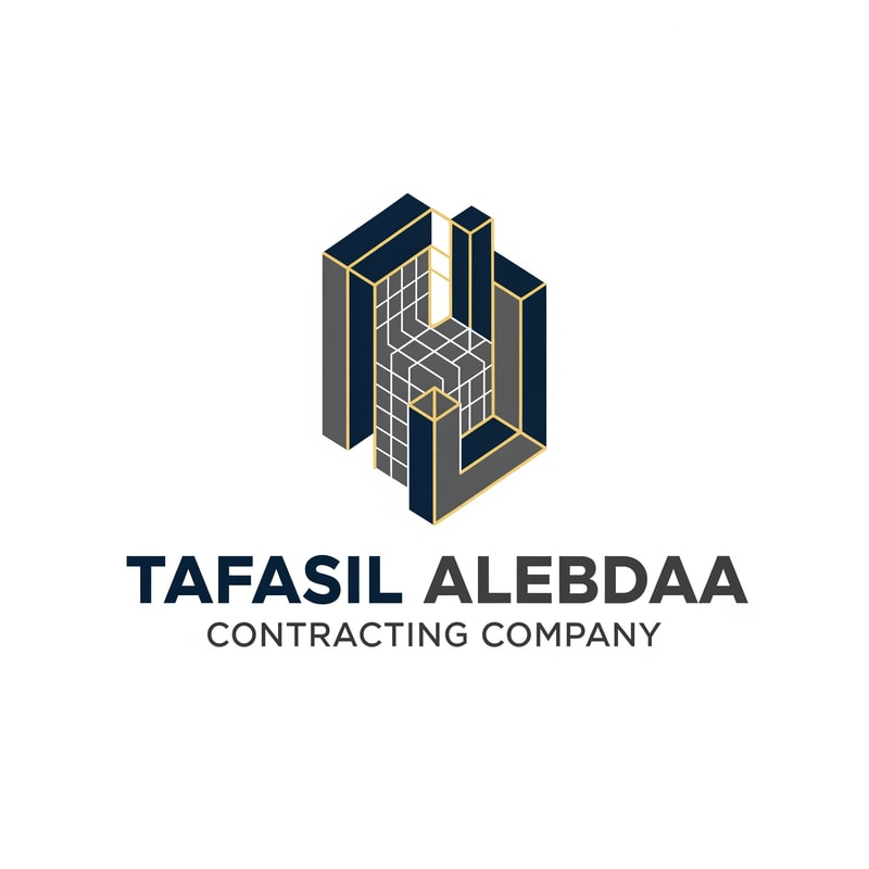A modern, geometric corporate logo for "Tafasil Alebdaa Contracting Company" — a clean, minimalist design with subtle architectural elements integrated into a strong, memorable mark, representing precision and innovation. The mark could subtly incorporate abstract building lines, a grid pattern, or structural linework that conveys engineering excellence. The typography should be bold, clear, and corporate, complementing the geometric mark. The chosen color palette will be a sophisticated blend of deep navy blue and charcoal gray with elegant gold accents to convey trust, reliability, and premium quality. The lighting will be even and professional, creating a clean and confident mood. The style will be modern geometric, inspired by architectural blueprints and technical drawings, but abstracted for a timeless and sophisticated appeal. The design will be well-structured and balanced, ensuring high-end appeal and excellent readability across all applications. Clean white background.