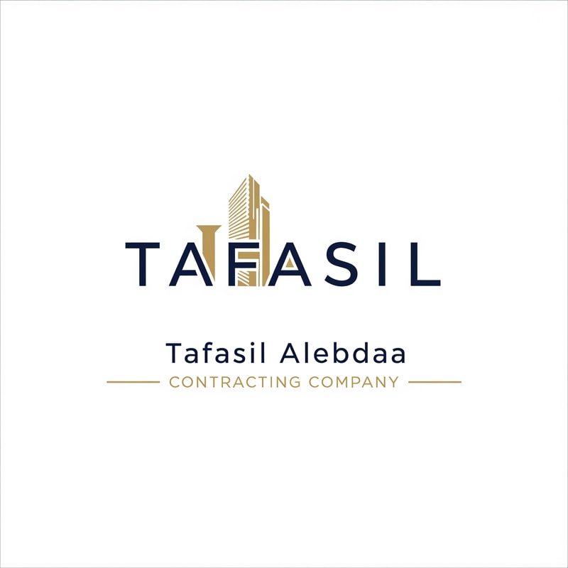 Design a premium, minimal architectural logo on a pure white background.

Place the word “TAFASIL” clearly readable at the center, slightly smaller in size, with strong balance and refined proportions.
Use a clean, modern sans-serif typeface in deep navy blue.

Integrate one subtle architectural element only (a modern building silhouette or vertical façade lines) seamlessly into the logo—preferably replacing or merging with one letter (such as the “I” or at the end of the word).
The building element must be minimal, geometric, and elegant, using muted gold accents without overpowering the text.

Below the logo, center-aligned:

Tafasil Alebdaa in clean, refined typography

CONTRACTING COMPANY in smaller uppercase letters, with thin gold horizontal lines if needed

Overall style:
minimal, corporate, architecturally intelligent, balanced, timeless
Square format, high-end branding suitable for official use, uniforms, and company profiles.