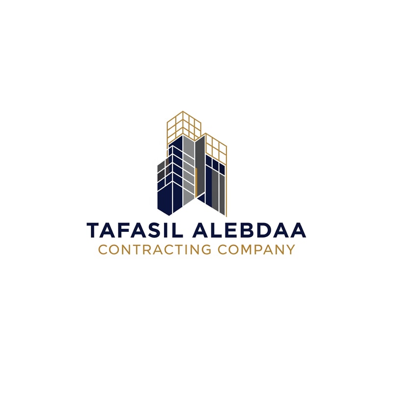 Design a modern, professional, and innovative corporate logo for a general contracting company named “Tafasil Alebdaa Contracting Company”.

The design should reflect precision, creativity, reliability, and engineering excellence.

Use a clean white background with a minimal yet premium aesthetic.

Choose a sophisticated color palette that conveys trust and professionalism, such as deep navy blue, charcoal gray, elegant gold accents, or muted industrial tones, while keeping the design balanced and timeless.

The logo style should be modern, geometric, and well-structured, inspired by construction, architecture, and technical detail — subtle references to building lines, grids, or structural elements are welcome, without being literal or crowded.

Typography should be bold, clear, and corporate, with excellent readability and a strong brand presence.

The overall result must feel high-end, confident, and suitable for a leading contracting company, usable across company profiles, uniforms, signage, official documents, and digital platforms.