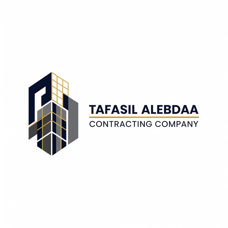A modern, geometric corporate logo for "Tafasil Alebdaa Contracting Company" — a clean, minimalist design with subtle architectural elements integrated into a strong, memorable mark, representing precision and innovation. The mark could subtly incorporate abstract building lines, a grid pattern, or structural linework that conveys engineering excellence. The typography should be bold, clear, and corporate, complementing the geometric mark. The chosen color palette will be a sophisticated blend of deep navy blue and charcoal gray with elegant gold accents to convey trust, reliability, and premium quality. The lighting will be even and professional, creating a clean and confident mood. The style will be modern geometric, inspired by architectural blueprints and technical drawings, but abstracted for a timeless and sophisticated appeal. The design will be well-structured and balanced, ensuring high-end appeal and excellent readability across all applications. Clean white background.