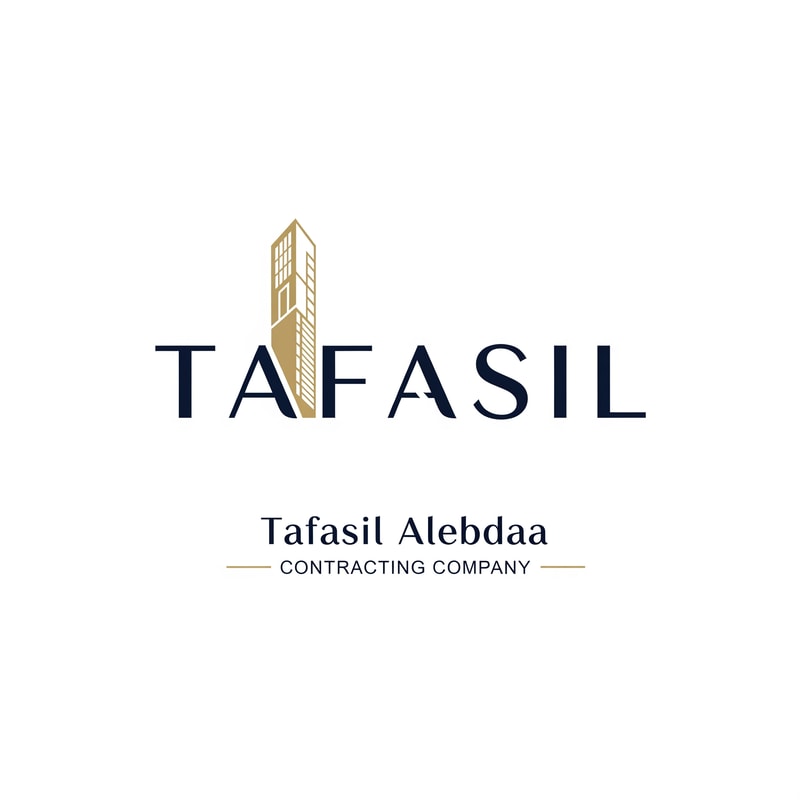 Design a premium, minimal architectural logo on a pure white background.

Place the word “TAFASIL” clearly readable at the center, slightly smaller in size, with strong balance and refined proportions.
Use a clean, modern sans-serif typeface in deep navy blue.

Integrate one subtle architectural element only (a modern building silhouette or vertical façade lines) seamlessly into the logo—preferably replacing or merging with one letter (such as the “I” or at the end of the word).
The building element must be minimal, geometric, and elegant, using muted gold accents without overpowering the text.

Below the logo, center-aligned:

Tafasil Alebdaa in clean, refined typography

CONTRACTING COMPANY in smaller uppercase letters, with thin gold horizontal lines if needed

Overall style:
minimal, corporate, architecturally intelligent, balanced, timeless
Square format, high-end branding suitable for official use, uniforms, and company profiles.