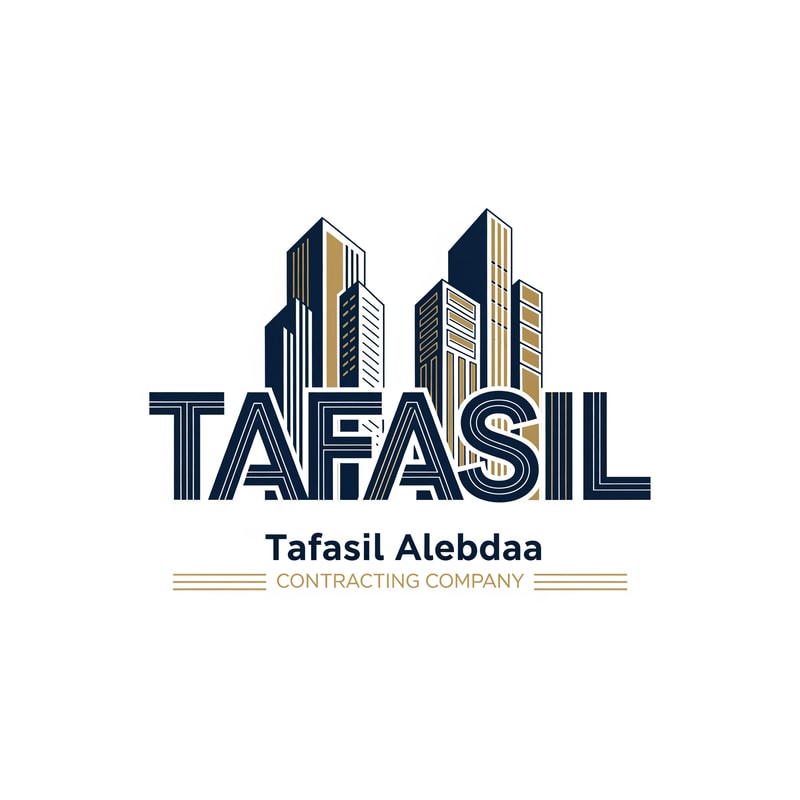 Design a premium architectural logo where the main logo itself is the word “TAFASIL”.

The word TAFASIL must be the primary symbol, not an icon beside it. Each letter should be designed as an abstract architectural form, clearly readable as letters while simultaneously resembling modern buildings and structural elements.

The letters should be aligned, parallel, and closely integrated, sharing consistent proportions and edges, as if they belong to one architectural skyline.

Use precise geometric lines, vertical emphasis, clean cuts, and subtle façade details (windows, structural grooves, architectural lines) without over-detailing.

The visual style must be elegant, modern, and professional, suitable for a high-end contracting company.

Color palette: deep navy blue and muted gold, balanced carefully to convey trust, strength, and sophistication.

Background must be pure white.

Below the “TAFASIL” logo, place the company name in clean typography:
“Tafasil Alebdaa”
and beneath it, in smaller uppercase text:
“CONTRACTING COMPANY”, optionally separated with thin horizontal gold lines.

The final result should feel architecturally intelligent, visually balanced, corporate, and timeless, suitable for branding, signage, company profiles, uniforms, and official documents.
